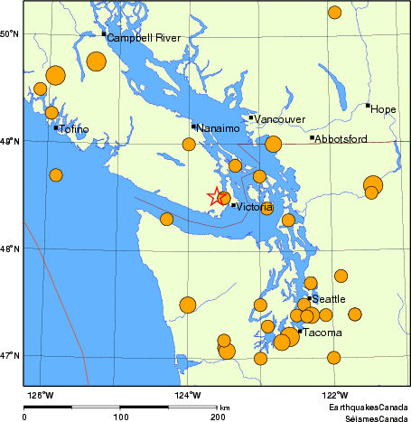 Map of historical earthquakes magnitude 5.0 and larger. Details in the data table below