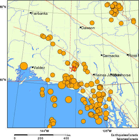 Map of historical earthquakes magnitude 5.0 and larger. Details in the data table below