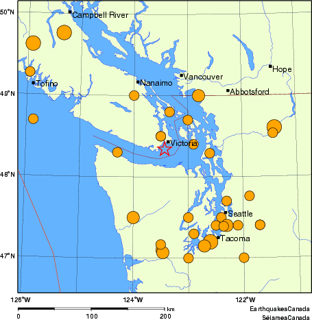 Map of historical earthquakes magnitude 5.0 and larger. Details in the data table below