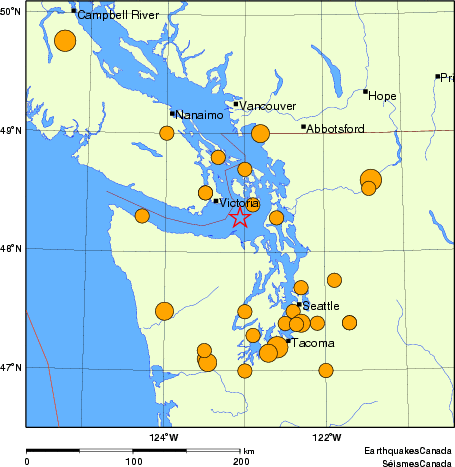 Map of historical earthquakes magnitude 5.0 and larger. Details in the data table below