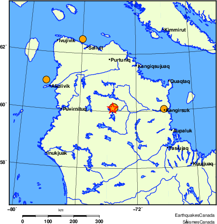 Map of historical earthquakes magnitude 5.0 and larger. Details in the data table below