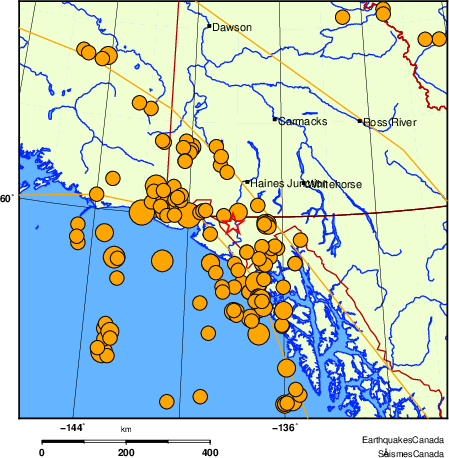 Map of historical earthquakes magnitude 5.0 and larger. Details in the data table below