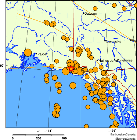 Map of historical earthquakes magnitude 5.0 and larger. Details in the data table below