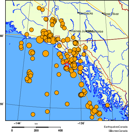 Map of historical earthquakes magnitude 5.0 and larger. Details in the data table below
