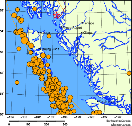 Map of historical earthquakes magnitude 5.0 and larger. Details in the data table below