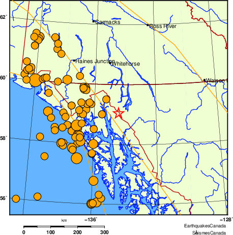 Map of historical earthquakes magnitude 5.0 and larger. Details in the data table below