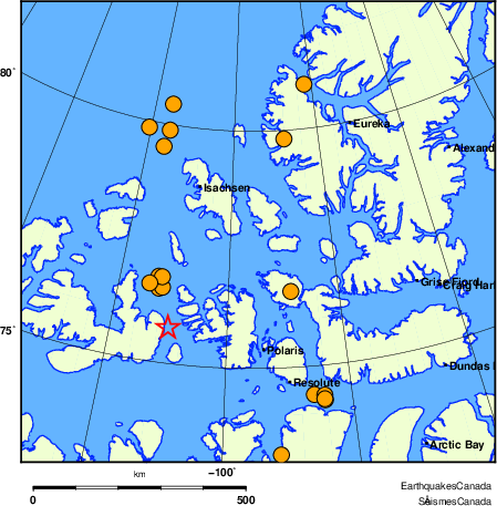 Map of historical earthquakes magnitude 5.0 and larger. Details in the data table below