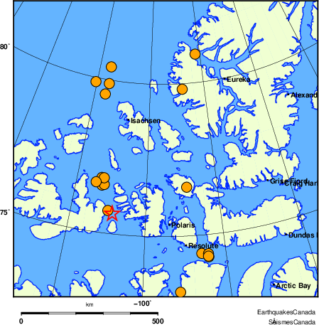 Map of historical earthquakes magnitude 5.0 and larger. Details in the data table below