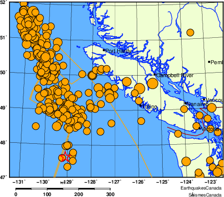 Map of historical earthquakes magnitude 5.0 and larger. Details in the data table below