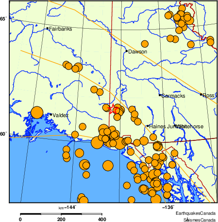 Map of historical earthquakes magnitude 5.0 and larger. Details in the data table below