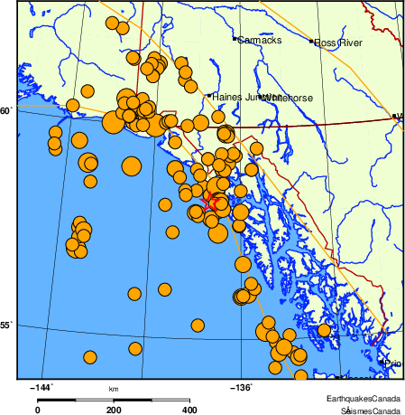 Map of historical earthquakes magnitude 5.0 and larger. Details in the data table below
