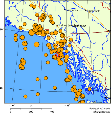 Map of historical earthquakes magnitude 5.0 and larger. Details in the data table below