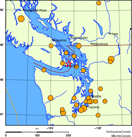 Map of historical earthquakes magnitude 5.0 and larger. Details in the data table below