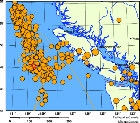 Map of historical earthquakes magnitude 5.0 and larger. Details in the data table below
