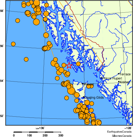 Map of historical earthquakes magnitude 5.0 and larger. Details in the data table below