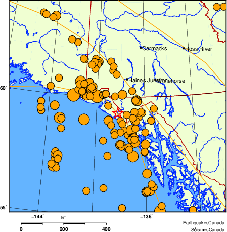Map of historical earthquakes magnitude 5.0 and larger. Details in the data table below