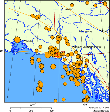 Map of historical earthquakes magnitude 5.0 and larger. Details in the data table below