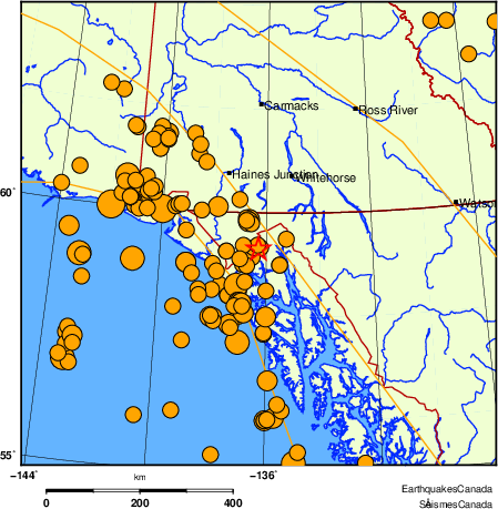 Map of historical earthquakes magnitude 5.0 and larger. Details in the data table below