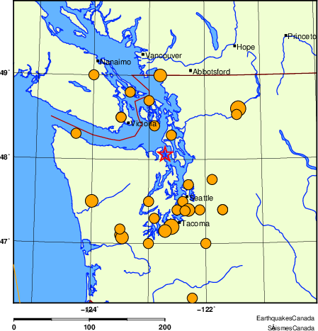 Map of historical earthquakes magnitude 5.0 and larger. Details in the data table below