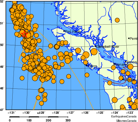 Map of historical earthquakes magnitude 5.0 and larger. Details in the data table below