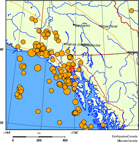 Map of historical earthquakes magnitude 5.0 and larger. Details in the data table below