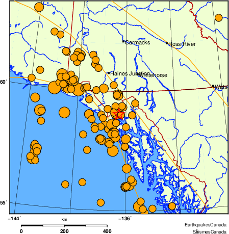 Map of historical earthquakes magnitude 5.0 and larger. Details in the data table below