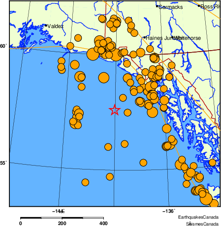 Map of historical earthquakes magnitude 5.0 and larger. Details in the data table below