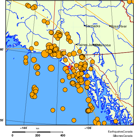 Map of historical earthquakes magnitude 5.0 and larger. Details in the data table below