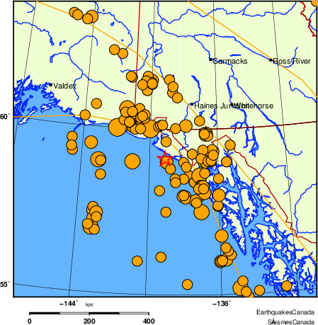 Map of historical earthquakes magnitude 5.0 and larger. Details in the data table below