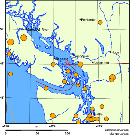 Map of historical earthquakes magnitude 5.0 and larger. Details in the data table below