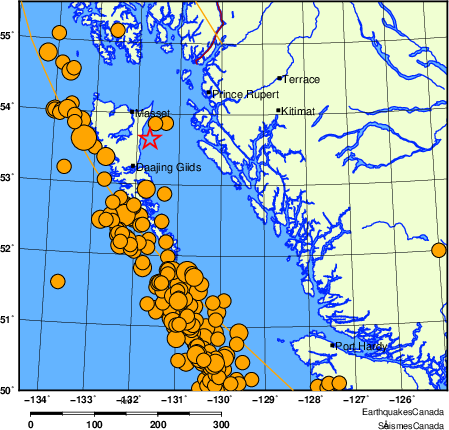 Map of historical earthquakes magnitude 5.0 and larger. Details in the data table below