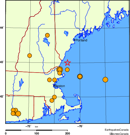 Map of historical earthquakes magnitude 5.0 and larger. Details in the data table below