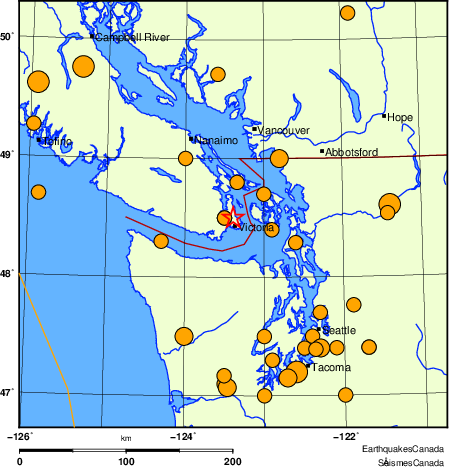 Map of historical earthquakes magnitude 5.0 and larger. Details in the data table below