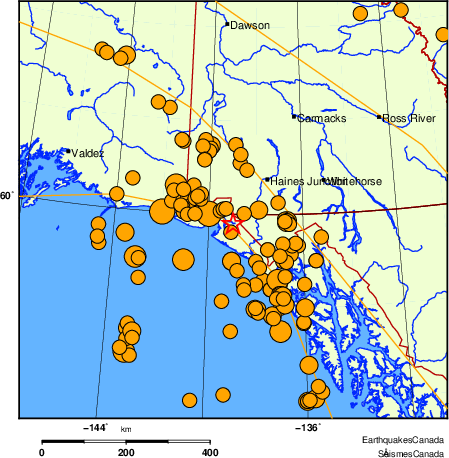 Map of historical earthquakes magnitude 5.0 and larger. Details in the data table below