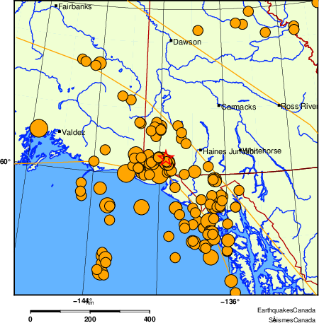 Map of historical earthquakes magnitude 5.0 and larger. Details in the data table below