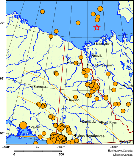 Map of historical earthquakes magnitude 5.0 and larger.  Details in the data table below